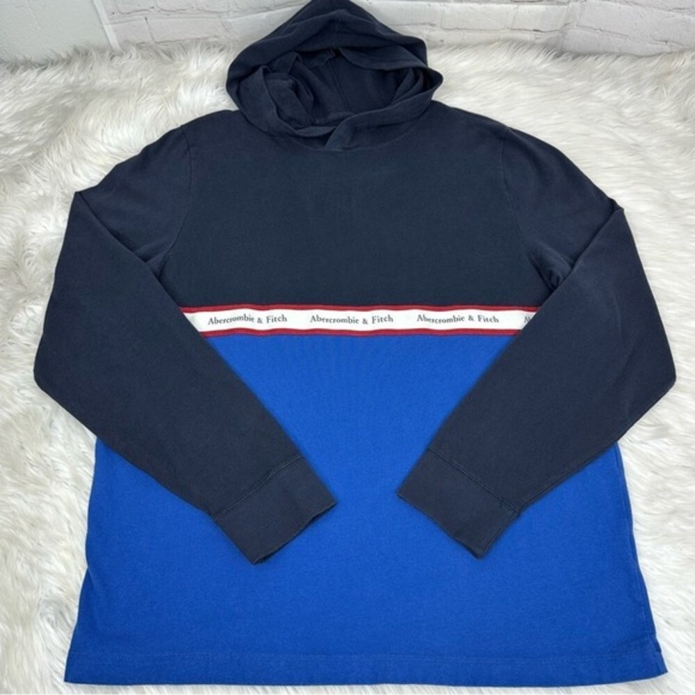 Abercrombie & Fitch Men XL Navy Royal Blue Colorblock Logo Tape Hooded Tee Shirt